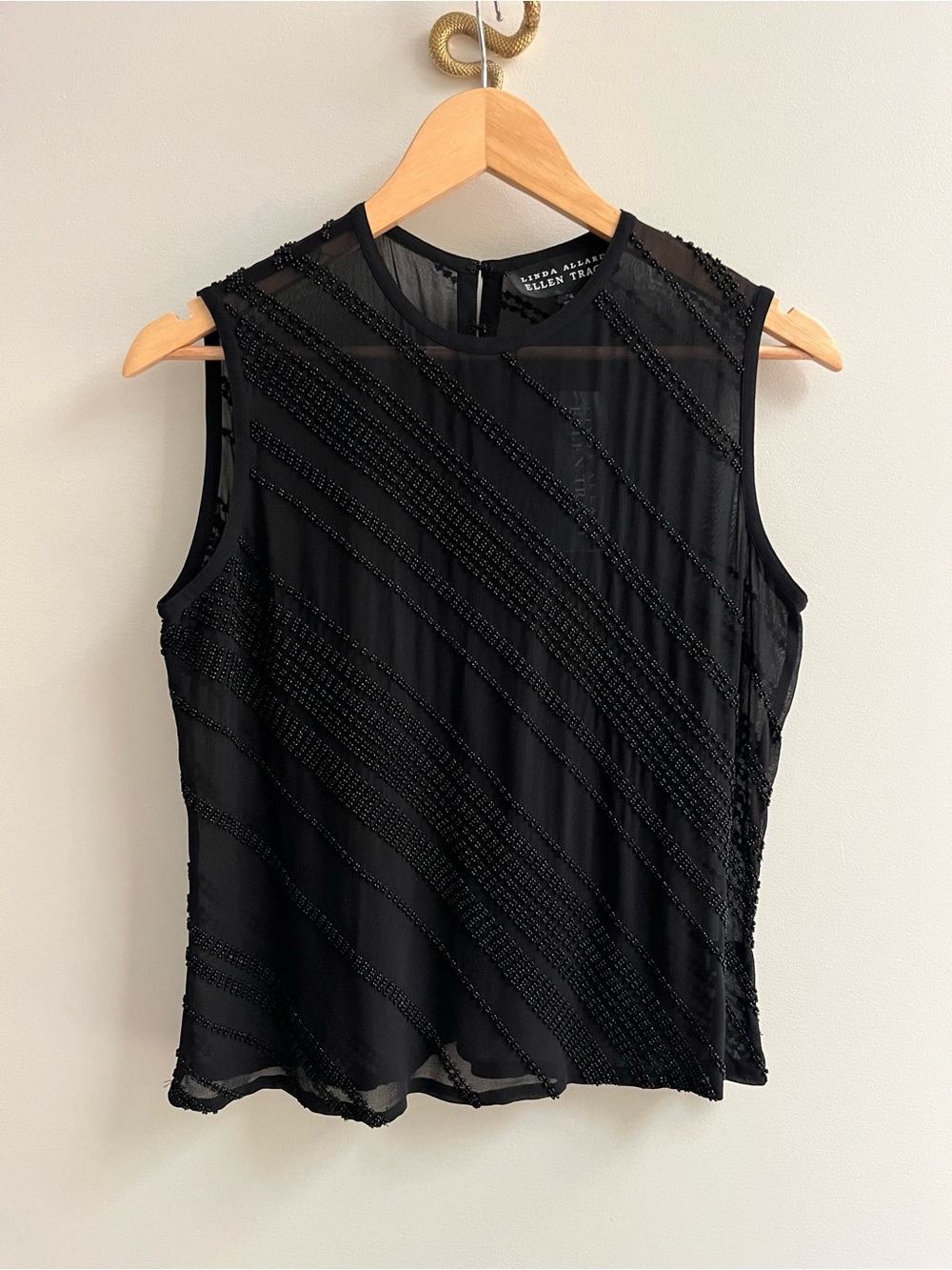 Vintage Linda Allard Ellen Tracy 100% Silk Beaded Sleeveless Blouse Black 4